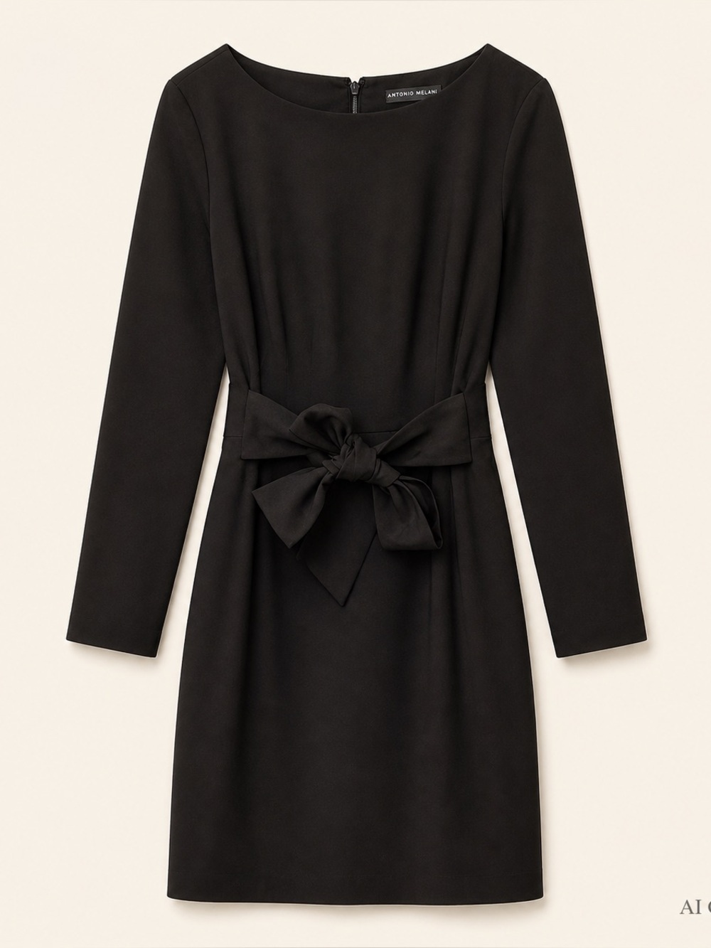 ANTONIO MELANI Pammy Black Long-Sleeve Knee Length Dress with Waist Tie NWT